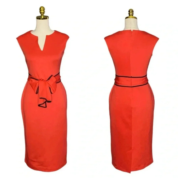 NEW YORK & CO | Cap Sleeve Piped Bow Waist Solid Sheath Midi Dress Size XS - Picture 4 of 9